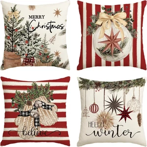 Set of 4 Christmas Throw Pillow Covers 18x18 Red Stripes Holiday Decor for Couch - Picture 1 of 12