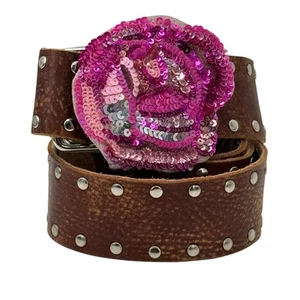 Betsey Johnson Studded Sequin Buckle Belt Leather Women’s Pink Brown Rose D Ring - Picture 1 of 12