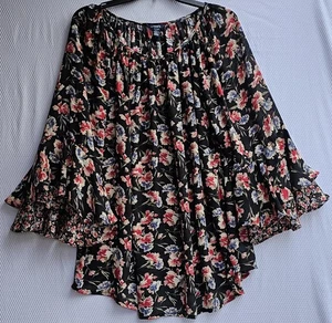 Camicia Chaps donna 2X tunica nera floreale contadina boho manica a campana con volant floreale - Foto 1 di 7