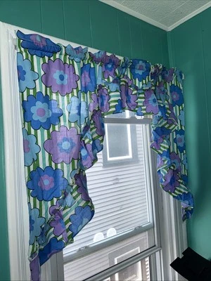 Vintage Window Treatments Set Curtains Blue Green Purple White Retro Kitsch Pair - Image 1 of 4