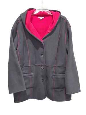 Susan Graver 女式纽扣前双面抓绒外套 3X 大码灰色粉色 — 第 1/4 张图片