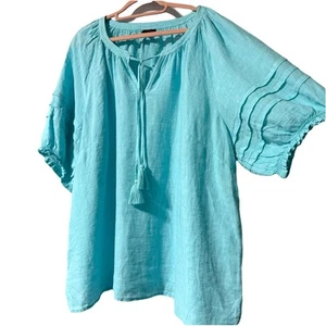 TALBOTS 100% Linen Blouse Size 3X Blue Boho Tie Neck Tassels Short Sleeve Top - Picture 1 of 10