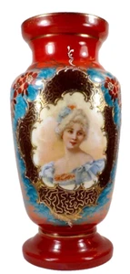 Victorian Portrait Vase Enameled Glass Lady Persimmon Urn 13in Antique #1 - Picture 1 of 17