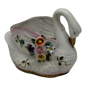Vintage Swan Figurine Trinket Dish  Pink White  3D Floral  Porcelain Bisque - Picture 1 of 11