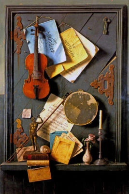 THE OLD CUPBOARD DOOR 1889 VIOLIN SCORE BOOK PAINTING BY WILLIAM HARNETT REPRO  - Image 1 of 3