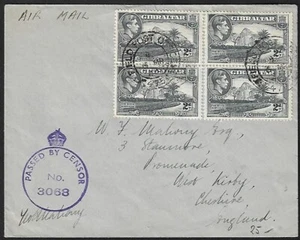 WWII UK GIBRALTAR TO ENGLAND AIR MAIL CENSOR KING GEORGE VI PAIRS ON COVER 1944 - Picture 1 of 2