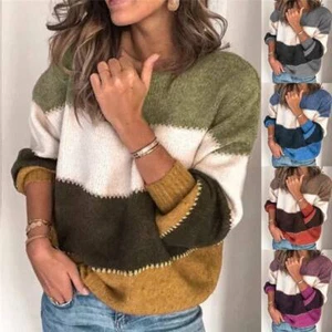 Blouse Jumper Plus Size Knitted Sweater Winter Top Patchwork Ladies Womens - Picture 1 of 19