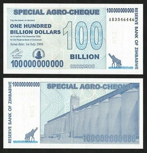 Zimbabue 100 mil millones de dólares agrocheque especial 2008 UNC sin circular P-64 - Imagen 1 de 1