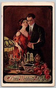 Beautiful Antique Illustrated Postcard~ Love & Romance~ Their Wedding Gifts - Picture 1 of 2