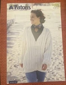 WOMENS ARAN CABLE CARDIGAN JACKET 32”-42” VTG 90’s KNITTING PATTERN PATONS 2274 - Picture 1 of 2