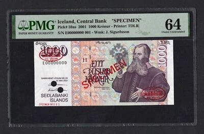 Iceland 1000 Kronur 2001 P59as "Specimen N001" Uncirculated Grade 64 - Image 1 of 2
