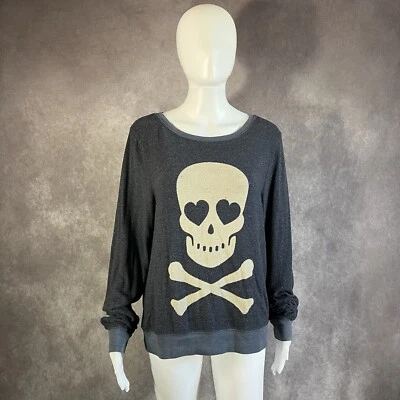 Sudadera Jersey Wildfox Mujer Gris Calavera Ojos Corazón Gráfico Talla Pequeña Suave Foto 1 de 4