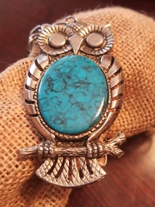 Large Owl Pendant With A Large Turquoise Center On Silver Toned Chain - Picture 1 of 10
