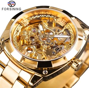 Forsining Mens Skeleton Mechanical Waterproof Luxury Watch Gold Gift Idea - Picture 1 of 12