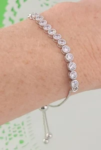 White Crystal Sterling Silver 925 Signed Slide Bolo Tennis Bracelet Box Chain - Imagen 1 de 6