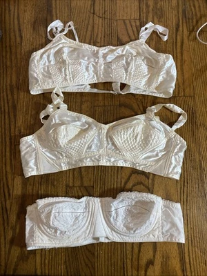 Vintage Lot Of 3 White Brassieres Satin Bullet Strapless - Image 1 of 4