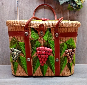 Bolso de viaje de playa vintage bordado de paja e hilo de gran tamaño uvas 12" - Imagen 1 de 21