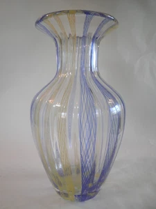 MURANO Zanfirico Latticino Art Glass Large 10 1/2" Vase Blue & Yellow - Picture 1 of 8