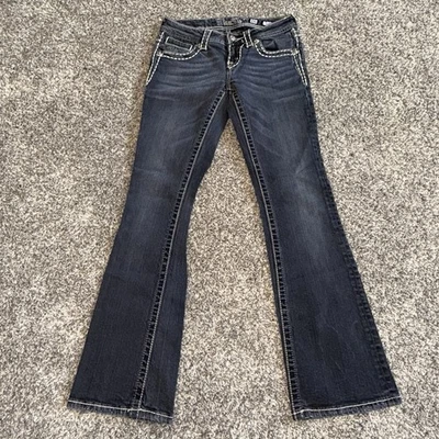 Pantalones de mezclilla Miss Me vintage para mujer ala de ángel bolsillos cruzados corte bota negro blanco 27x28 Foto 1 de 4