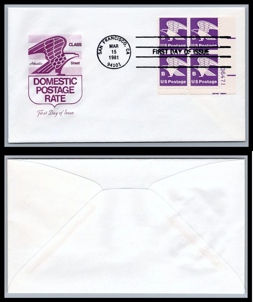 US FDC # 1818 "B" Rate (18c) Eagle  Artmaster Plate Block 36471 LR 1981, 9Q1116 - Image 1 of 1