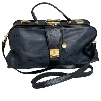 Bolso médico vintage HCL de cuero negro artesanal artículos de cuero dorado herrajes superior Foto 1 de 4