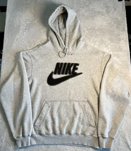 Vintage Nike Hoodie Men’s M Gray Tag Black Chenille Swoosh Logo Pullover - Picture 1 of 10