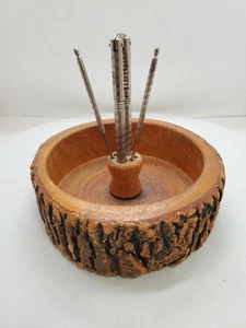 Vintage Handcrafted Wood Nut Cracker Bowl One Cracker 2 Picks W/Bark Brown 7.5in - Picture 1 of 7