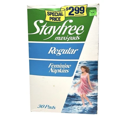 Maxi almohadillas Stayfree de colección servilletas femeninas 30 quilates nuevo en stock utilería de película Foto 1 de 4