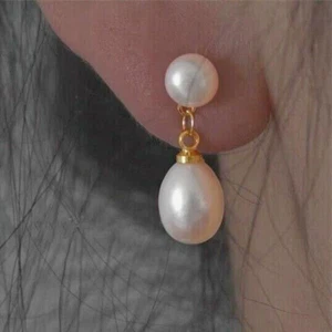 Genuino 7-8 mm Natural Blanco Mar del Sur Perla Cuelga Oro Pendientes Joyería AAA - Imagen 1 de 4