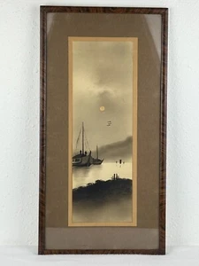 Antique Japanese Landscape Painting Mountain & Boats - Picture 1 of 10
