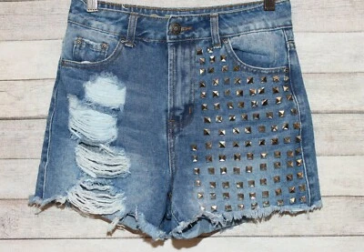 Pantalones cortos azules de mezclilla Hot Kiss para mujer/junior talla 1 desgastados con tachuelas lavado medio Foto 1 de 4