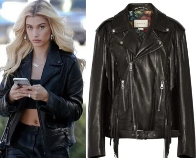 Jaqueta de motociclista 8K nova Gucci 2017 couro preto 36 38 40 2 4 6 casaco miçangas P M - Imagem 1 de 4