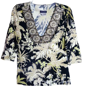 Blusa tropical Boston Proper para mujer talla S concha floral cuello en V con cuentas - Imagen 1 de 13