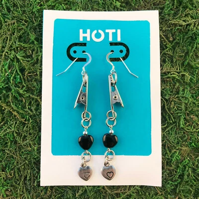 HOTI Hemp Handmade Black Glass Heart Roach Clip Earrings Metal Charms Hearts - Image 1 of 4
