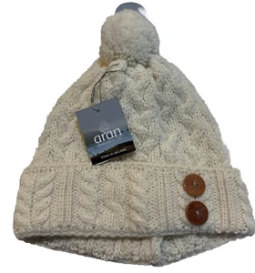 ARAN Woollen Mills Merino Wool Winter Beanie Hat, One Size, Pom Pom Buttons NWT - Picture 1 of 3