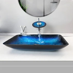 Rectangle Tempered Glass Bathroom Vessel Sink Washroom Blue Vanity Hotel Basin - Picture 1 of 7