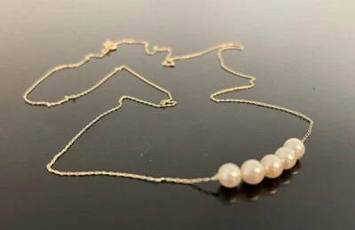 14K Solid Yellow Gold 21” Necklace 1mm Chain with Five Pearls Weight 1.42g - Image 1 of 3