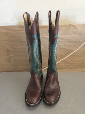 男式 OLATHE 尺码 8EE 棕色/绿色 17 英寸高 Buckaroo 牛仔靴 2212 美国 🇺🇸  — 第 1/4 张图片