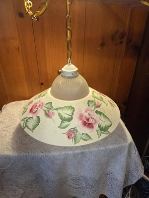 VTG HANGING SWAG LIGHT METAL HAND PAINTED ROSES &FROSTED GLASS GLOBE, 12 ft CH - Image 1 of 4