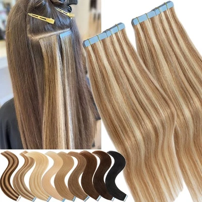 Cinta adhesiva no alérgica en trama de piel resaltada extensiones de cabello humano Remy real Foto 1 de 4