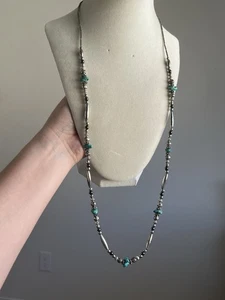 Southwestern Turquoise Silver Tone Long Necklace Barrel Clasp 28” - Picture 1 of 6