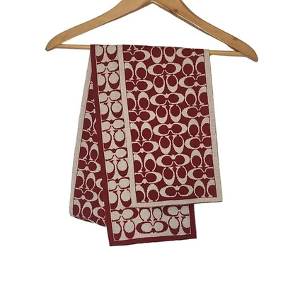 Coach Signature Red and White Metallic Silver Knit Scarf Winter Wrap Wool Blend - Image 1 of 4
