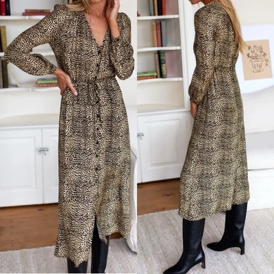 Emerson Fry May Dress Little Cheetah 100% Silk Midi Dress Long Sleeve Medium M - Image 1 of 4