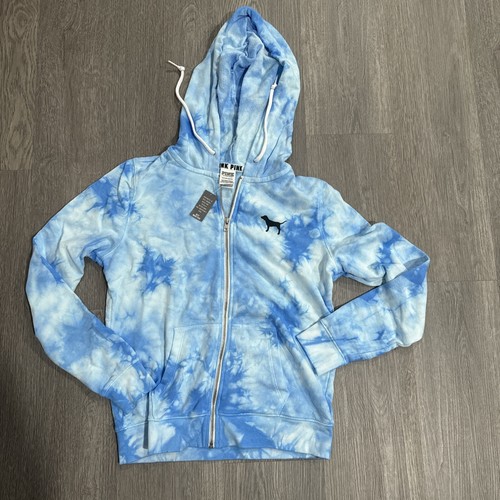UNDERCOVER VS PINK Women's Acid Wash Lightweight Hoodie Zipper Long Sleeve Blue Size S