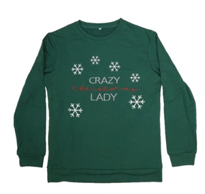 Crazy Christmas Lady Womens Pullover Sweatshirt Long Sleeve Green XMAS Medium - Picture 1 of 4