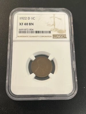 1922 D WHEAT CENT NGC XF-40 - BETTER DATE - WHEAT CENT - CERTIFIED SLAB - 1C - Image 1 of 2