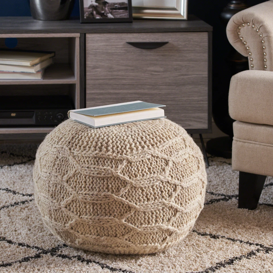 Boho Handmade Fabric Knit Stitch Round Pouf - Image 1 of 4