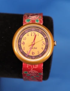 JS9 Flik Flak ETA Watch Youth Size Red Band w/Flowers Round Gold Tone Face - Picture 1 of 12