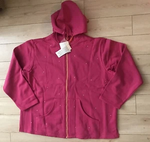 QUACKER FACTORY Women 1X Plus Size Hooded Jacket Pink Rhinestone Zipper Cotton - Picture 1 of 4