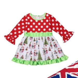 Children Kids Christmas Long Puff Sleeve Wave Point Print Stitching Dress - Picture 1 of 10